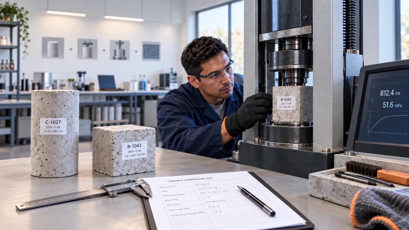 Concrete testing equipment: cube compression test in progress